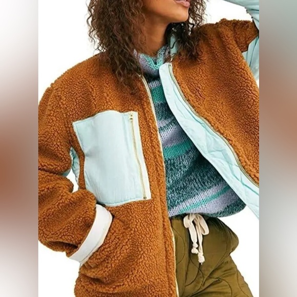 Free People Jackets & Blazers - Free People We The Free Rivington Sherpa Jacket Brown Blue Zip Up Sz L